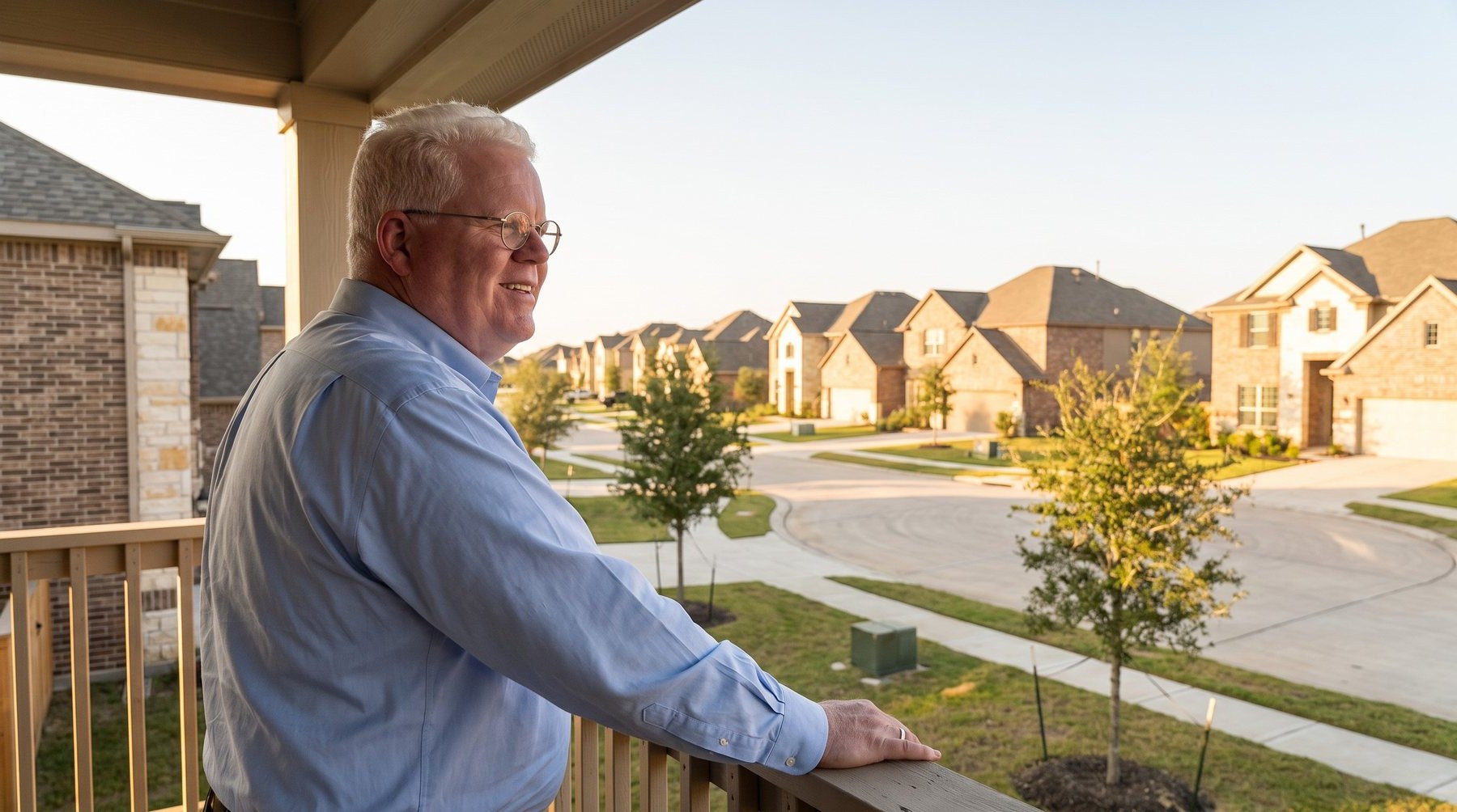 Allen Markel on a covered patio at sunset, looking out to the right over a new subdivision in Cypress, Texas