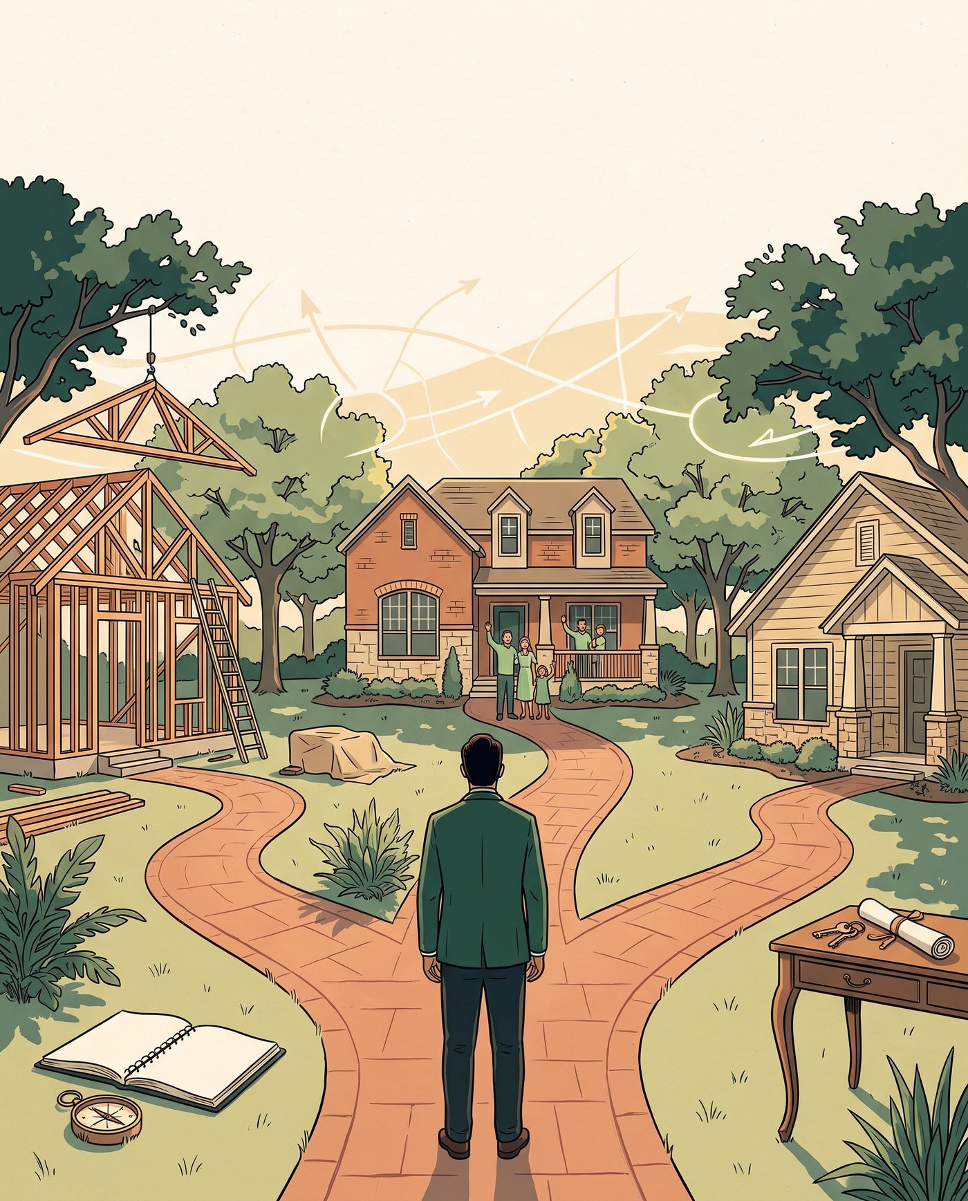 Illustration of a person choosing between three paths through a neighborhood: a home under construction, a finished family home, and a home sale